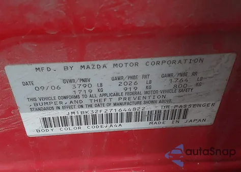 2007 Mazda Mazda3 I из США, поврежденный, VIN JM1BK32F271644822